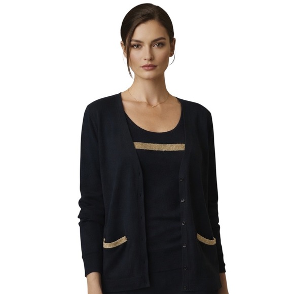 Escada Medium Sweater Set Cardigan Tank Top Black Gold Old‎ Money Luxe 999